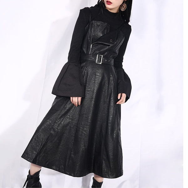 Spaghetti Strap Black Pu Leather Dress