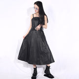 Spaghetti Strap Black Pu Leather Dress