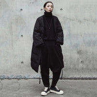 V-collar Solid Black Big Size Cotton-padded Coat