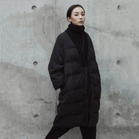 V-collar Solid Black Big Size Cotton-padded Coat