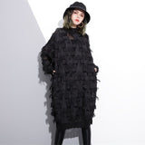 Stand Collar Long Sleeve Perspective Tasseled Big Size Dress