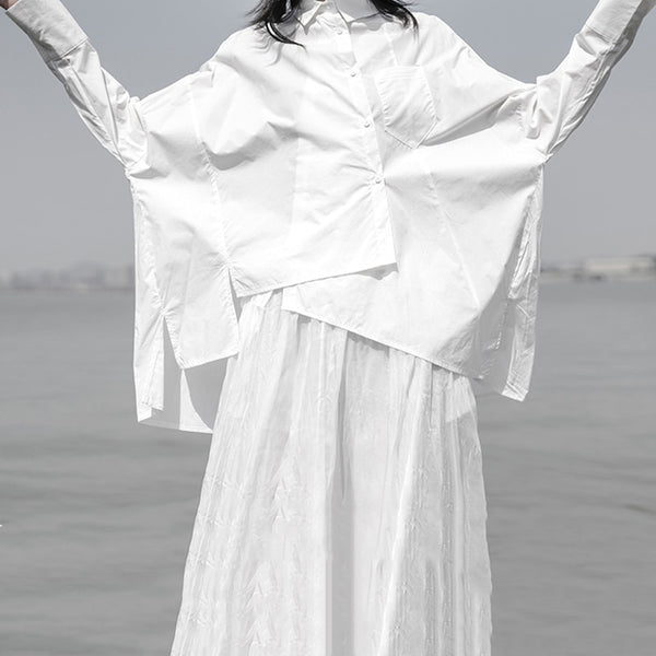 Lapel Long Sleeve White Loose Blouse