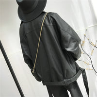Black PU Leather Loose Turn-down Collar Zipper Jacket