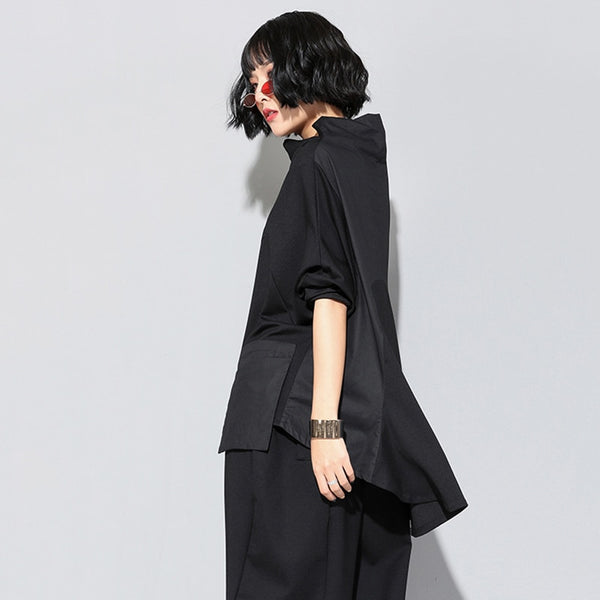 High Collar Long Sleeve Black T-shirt