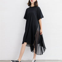 Black Color Short Sleeve Chiffon Irregular Hem Dress