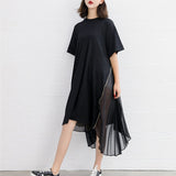 Black Color Short Sleeve Chiffon Irregular Hem Dress