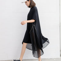 Black Color Short Sleeve Chiffon Irregular Hem Dress