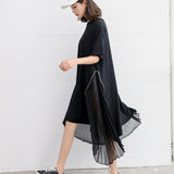 Black Color Short Sleeve Chiffon Irregular Hem Dress