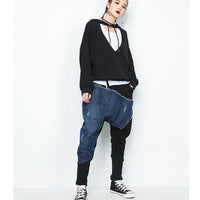 Denim Stitching Elatic Waist Cross-pants