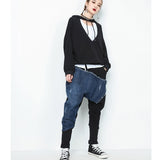 Denim Stitching Elatic Waist Cross-pants