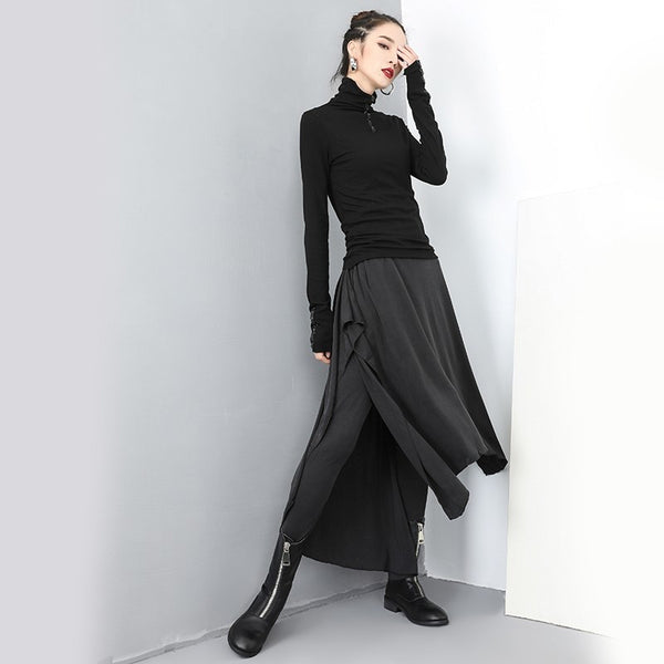 High Elastic Waist Loose Black Trousers