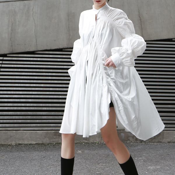 Stand Collar Long Sleeve White Pleated Blouse