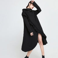 Hooded Long Sleeve Black Ruffles Dress