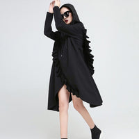 Hooded Long Sleeve Black Ruffles Dress