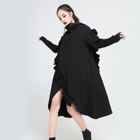 Hooded Long Sleeve Black Ruffles Dress
