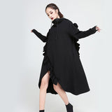 Hooded Long Sleeve Black Ruffles Dress