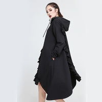 Hooded Long Sleeve Black Ruffles Dress