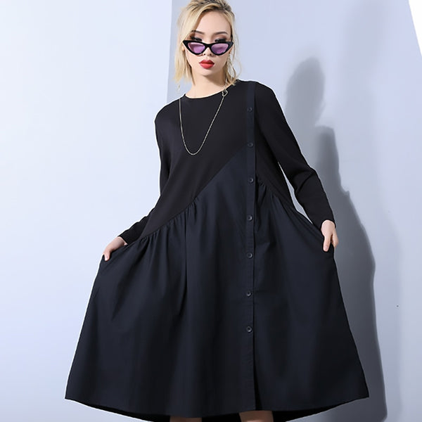 Round Neck Long Sleeve Black Dress