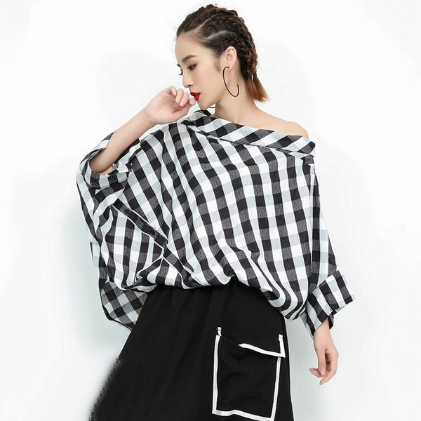 Slash Neck Three-quarter Sleeve Plaid Shirt