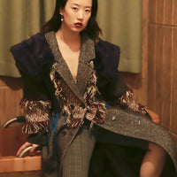 Block Color Fur Tassel Long Woolen Coat