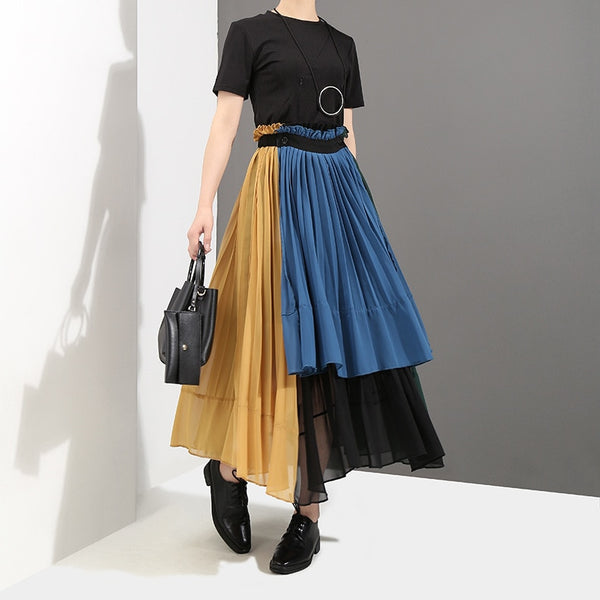 High Waisted Color Block Pleated Skirt