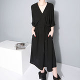 V-collar Half Sleeve Bandgae Chiffon Dress