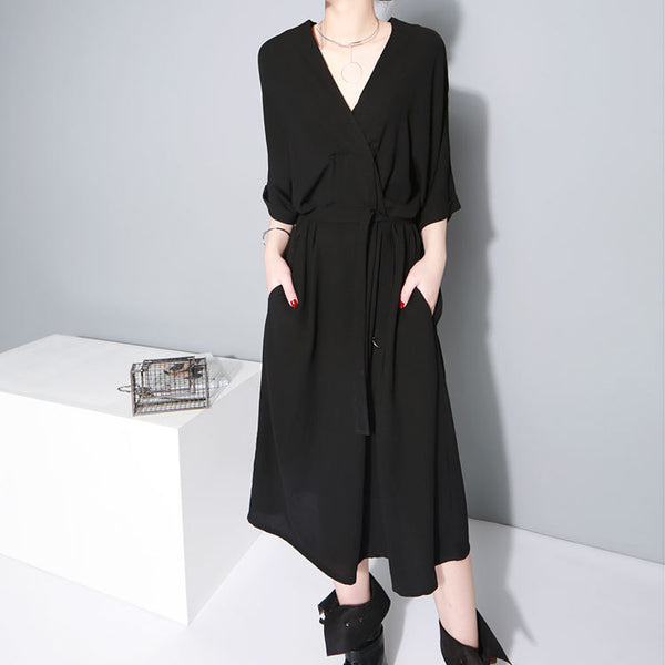 V-collar Half Sleeve Bandgae Chiffon Dress