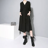 V-collar Half Sleeve Bandgae Chiffon Dress