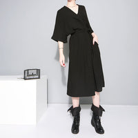 V-collar Half Sleeve Bandgae Chiffon Dress