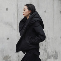 Black Hooded Short Cotton-padded Coat