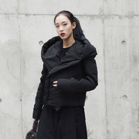 Black Hooded Short Cotton-padded Coat