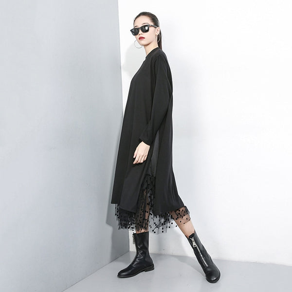 Black Mesh Dot Split Joint Dress