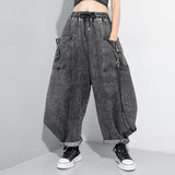 Wide Leg Black Big Size Ribbon Stitch Jeans