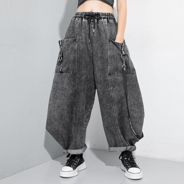 Wide Leg Black Big Size Ribbon Stitch Jeans