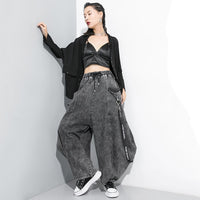 Wide Leg Black Big Size Ribbon Stitch Jeans
