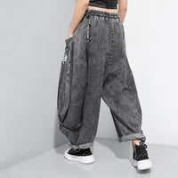 Wide Leg Black Big Size Ribbon Stitch Jeans