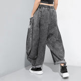 Wide Leg Black Big Size Ribbon Stitch Jeans