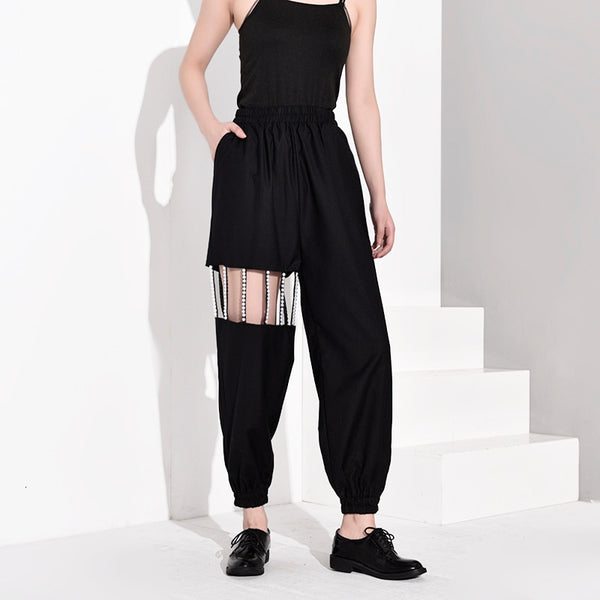 High Elastic Waist Black Pearled Hollow Out Trousers
