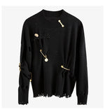 Distressed Knitted Sweater With Gold Safty-pins