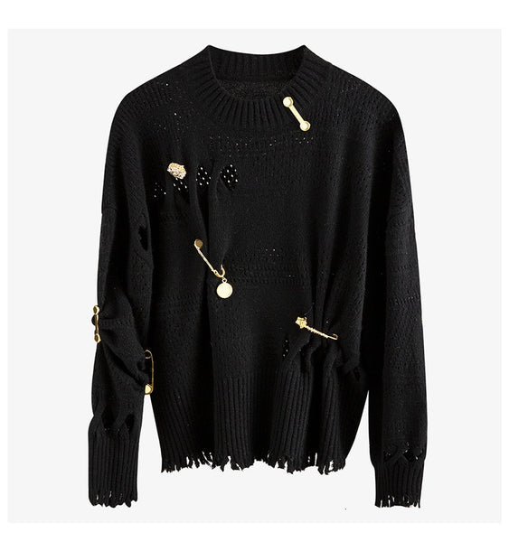 Distressed Knitted Sweater With Gold Safty-pins