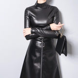 Leather Turtleneck Long Sleeve T-shirt