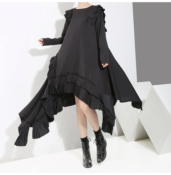 Round Neck Long Sleeve Ruffled Loose Dress