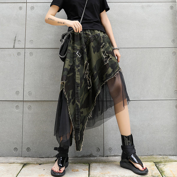 Irregular Camouflage and black Mesh Skirt