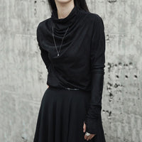 Black Irregular Turtleneck Long Gloves Sleeves Shirt