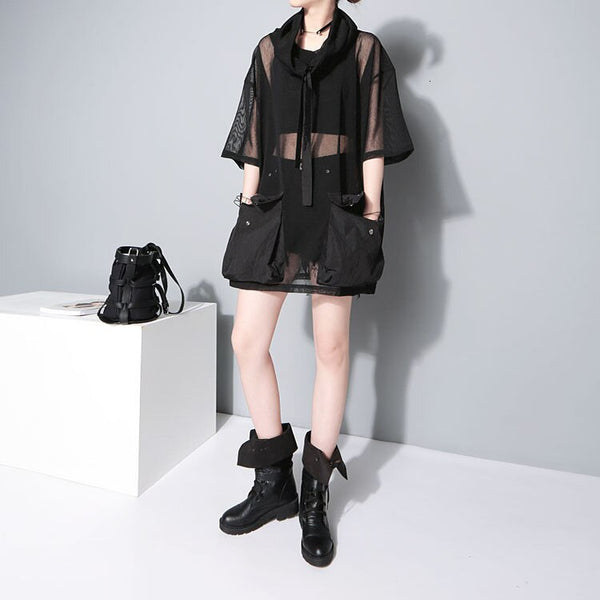 Turtleneck Half Sleeve Big Pockets Mesh T-shirt