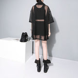 Turtleneck Half Sleeve Big Pockets Mesh T-shirt