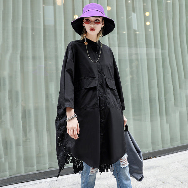 Stand Collar Long Sleeve Back Lace Hollow Blouse