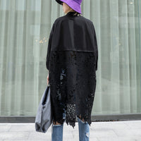 Stand Collar Long Sleeve Back Lace Hollow Blouse