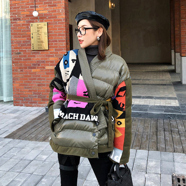 European goods 2019 winter new knit pattern stitching V-neck tie cotton coat female loose long coat