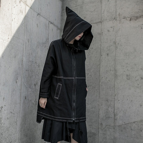 Black Single Breasted Hooded Trench